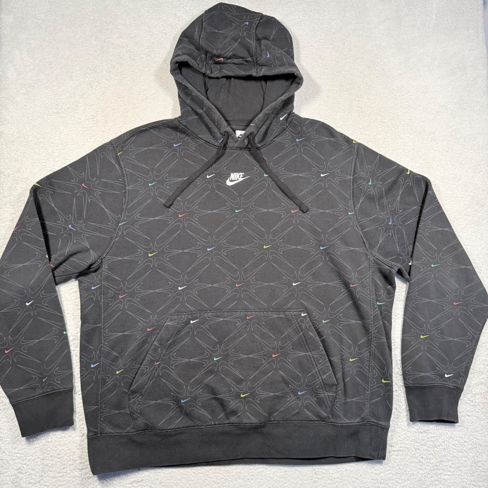 Nike Club Fleece Hoodie Mens L Black Multi-Color All Over Print Swoosh Pullover